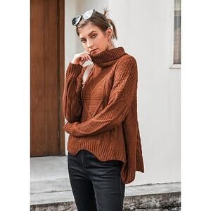 Beyove Orange Turtleneck Scalloped Hem Chunky Cable Knit Sweater Medium